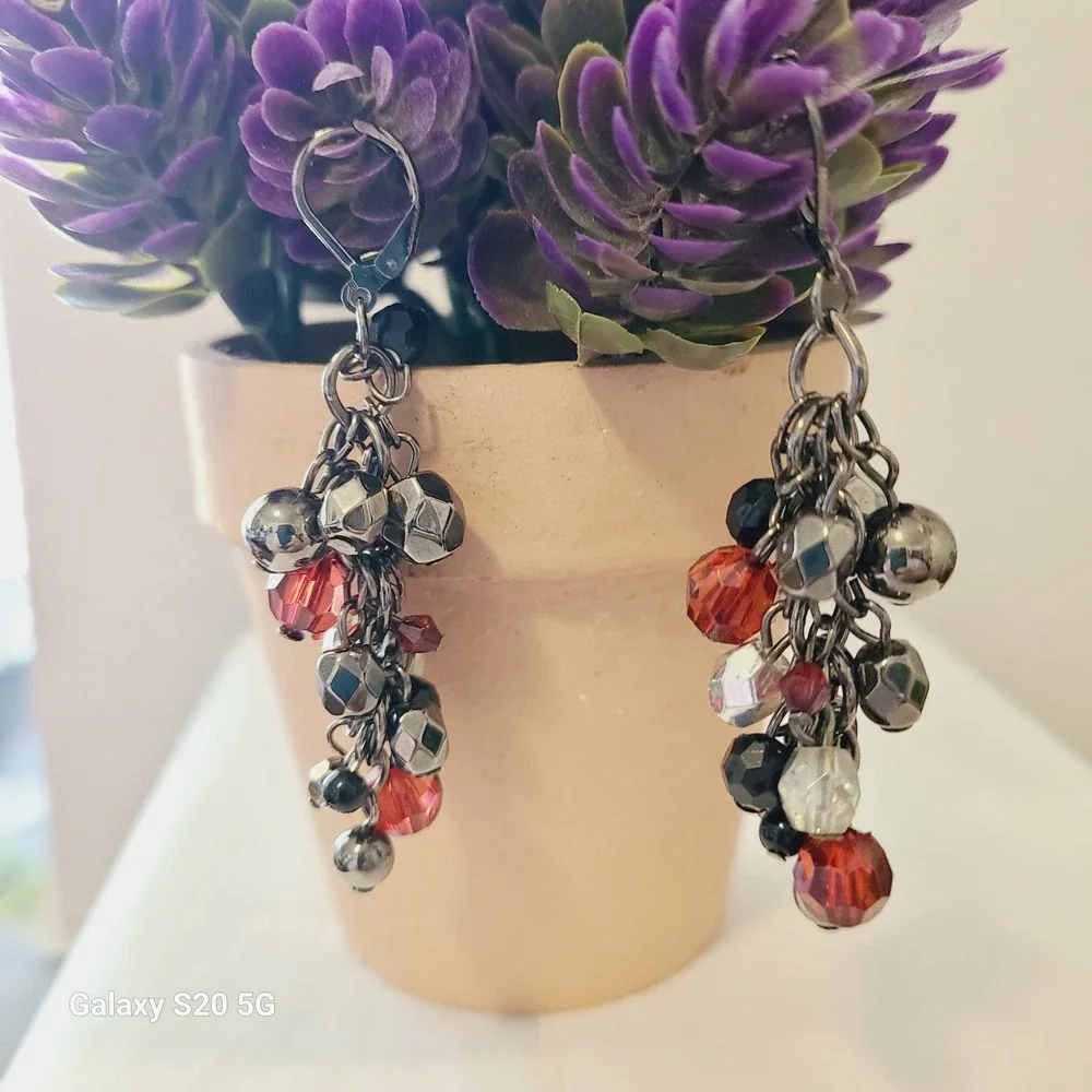Dangle‎ Drop Bead Earrings Silver Red Black Cluster Party Jewelry